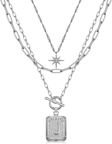 Vista 22 de MJartoria Collares con iniciales en capas para mujer, modernos, chapados en oro de 14 quilates, cadena de papel, collar sencillo con dije de Dorado