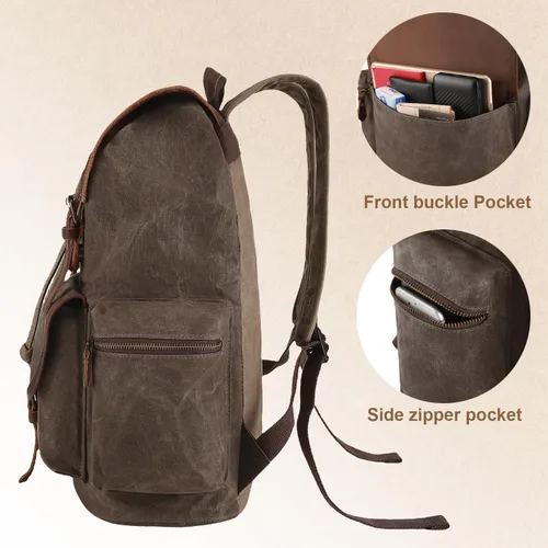 Vista 3 de Mochila de lona encerada vintage casual de cuero genuino para computadora portátil, mochila de hombro para viajes/senderismo/escuela, Verde militar