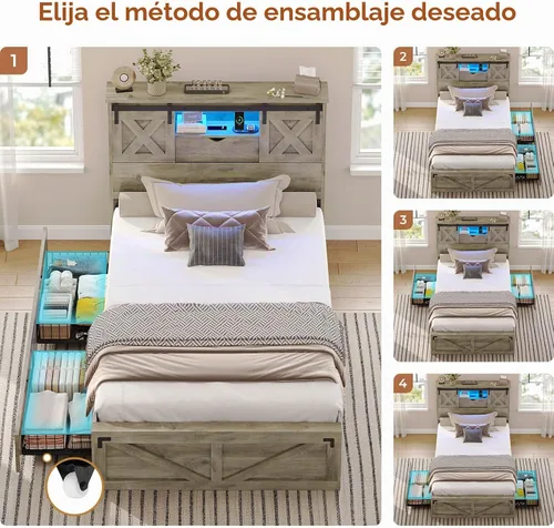 Vista 3 de Hasuit Marco de cama de granja tamaño individual con 2 cajones de almacenamiento, plataforma de madera con luces LED y estación de carga, cabecera