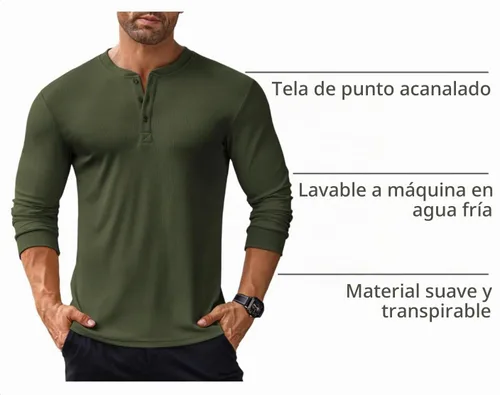 Vista 4 de COOFANDY Camisas Henley de manga larga para hombre, camisetas elásticas acanaladas, camisetas básicas casuales de moda Verde militar