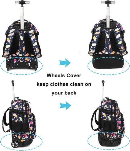 Vista 4 de Tilami Mochila rodante Armadura Equipaje Escuela Libro de Viaje Portátil 18 Pulgadas Mochila con Ruedas Multifunción Estudiantes, negro verano