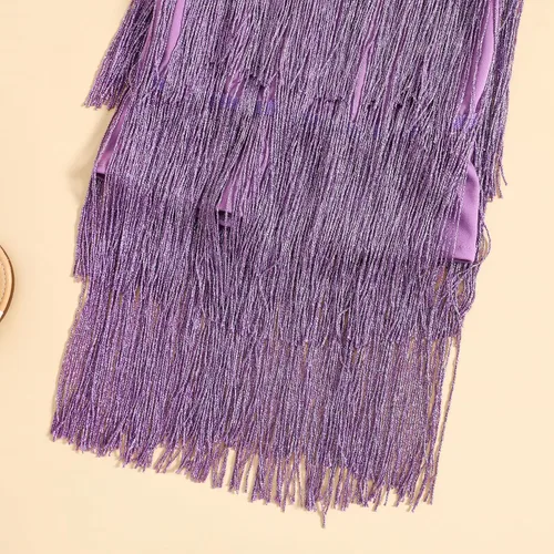 Vista 6 de WALLARENEAR Vestido de lentejuelas para niños, vestido sin mangas con borlas brillantes, vestido de baile latino para fiesta, vestido de baile
