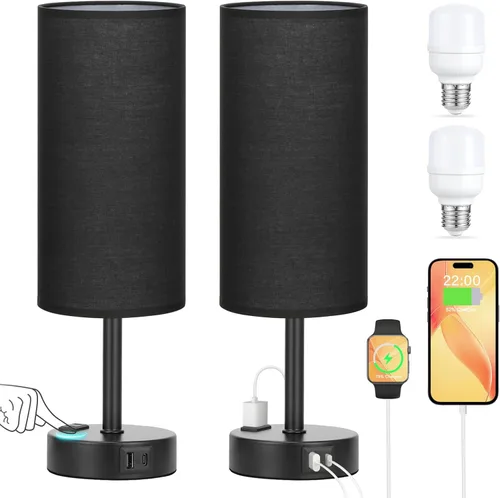 Vista 11 de Juego de 2 lámparas de mesa táctiles para dormitorio en blanco, lámparas de noche regulables de 3 niveles con puertos USB C y A, lámparas de mesita