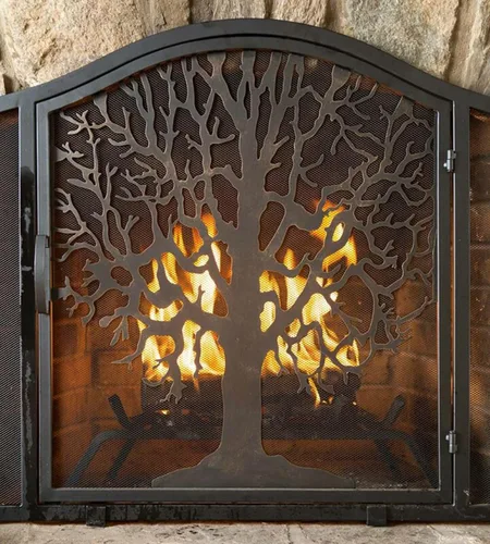 Vista 4 de ROYUMI Pantalla de chimenea en forma de árbol con herramientas, estufa de leña con puertas, accesorios de hierro forjado, cepillo, póker, pala
