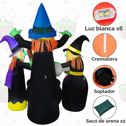 Vista 4 de Inflables de Halloween para decoración al aire libre, 6 pies, 3 brujas, luces LED, decoración familiar iluminada para patio, césped, hogar