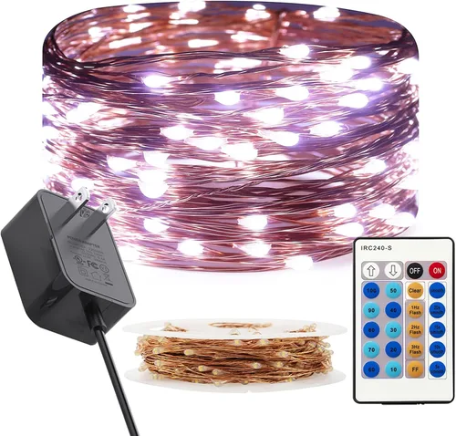 Vista 10 de RUICHEN Cadena de luces LED de alambre de cobre regulable de 33 pies, 100 luces LED enchufables con control remoto, blanco cálido