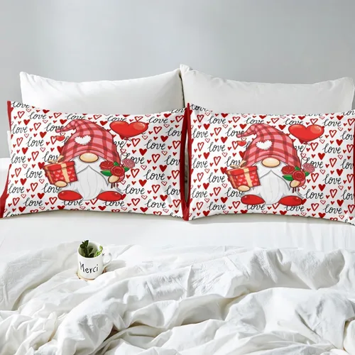 Vista 6 de Juego de funda de edredón de gnomo lindo para el día de San Valentín, tamaño individual, juego de ropa de cama con estampado de corazón rojo