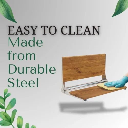 Vista 7 de Asiento de ducha plegable montado en la pared con respaldo Capacidad de carga máxima de 500 libras Asiento de ducha de teca compatible con ADA