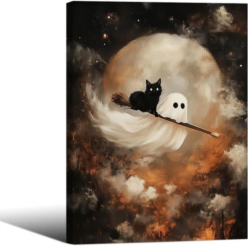 Vista 29 de Lienzo enmarcado negro para pared, póster de Halloween Dark Academia, pintura de gato negro, fantasma en la bañera, imágenes góticas de terror