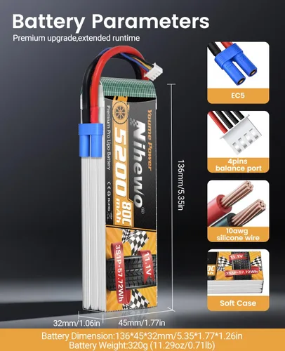 Vista 4 de 3S Lipo Batería EC5 5200mAh 11.1V 80C Softcase para RC Car Drone