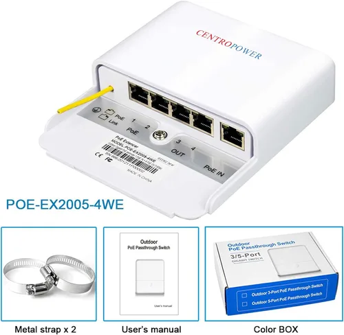 Vista 8 de Extender/Booster PoE de 5 puertos para exteriores 60W 48V, 10/100/1000M, PoE Passthrough, protección contra rayos 6KV, IEEE 802.3af/at/bt