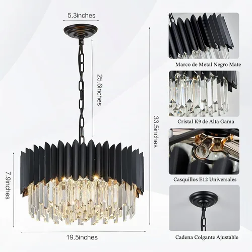 Vista 2 de Candelabro de cristal negro de 20 pulgadas con luces colgantes