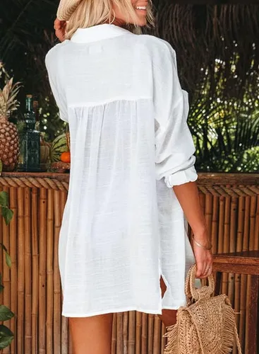 Vista 2 de Dokotoo Camisas de algodón con botones para mujer, de manga larga, para cubrir el traje de baño, cárdigans de verano con bolsillos
