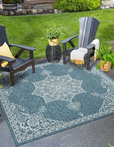 Vista 43 de Unique Loom Alfombra de la colección tradicional para exteriores, antigua (4 pies 1 pulgada, redonda, verde azulado/gris)