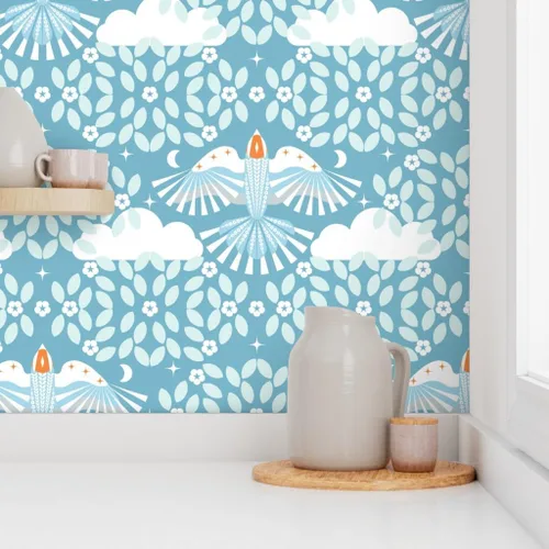 Vista 8 de Spoonflower Blue Sky Folk Art Pre-Pasted Removable Wallpaper Sample 12" x 24" Dreaming Scandi Scandinavian Mystical Water-activated, simple to