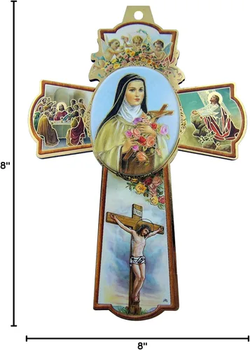 Vista 2 de Santa Teresa de Lisieux Pequeña Flor Icono con Ángeles Querubín 8 Pulgadas Cruz de pared de madera