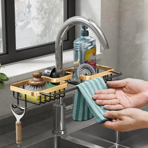 Vista 4 de Soporte de esponja para grifo, organizador para fregadero de cocina, bandeja colgante para drenaje de 1.8-2.8 cm de diámetro, organizador para Dorado