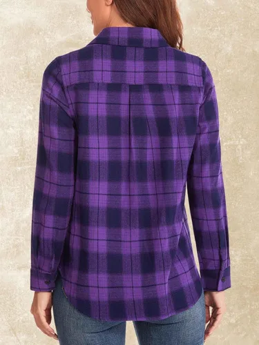 Vista 4 de Camisa de franela de algodón a cuadros para mujer, blusa casual de manga larga con botones