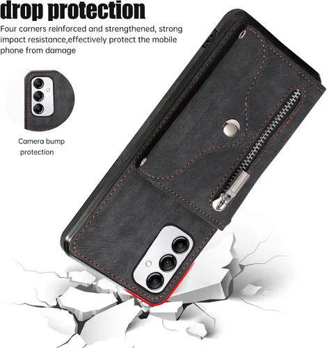 Vista 6 de Funda para teléfono Samsung Galaxy A14/M14 5G con protector de pantalla de vidrio templado y correa cruzada para la muñeca, cordón para el hombro