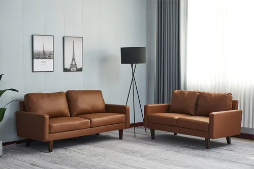 Vista 7 de INSTORY Sofá de dos plazas de cuero cómodo sofá moderno con patas de madera para sala de estar, oficina - marrón