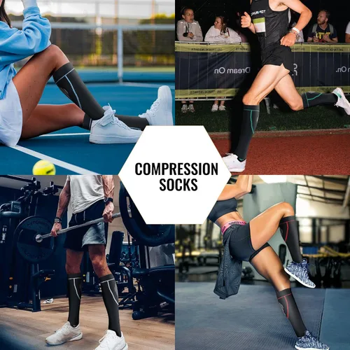 Vista 6 de Calcetines de compresión para mujeres y hombres, circulación hasta la rodilla, 8 pares para enfermeras, correr, viajes, atletismo