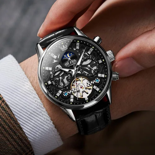 Vista 5 de OLEVS Men Skeleton Watch Automatic Mechanical Dress Casual Brown Black Leather Moon Phase Luminous Waterproof Wrist Watches