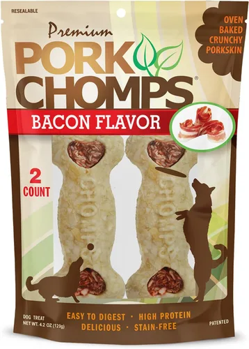 Vista 10 de Pork Chomps Masticables para perros, huesos crujientes de 4 pulgadas, sabor a tocino y pollo, 12