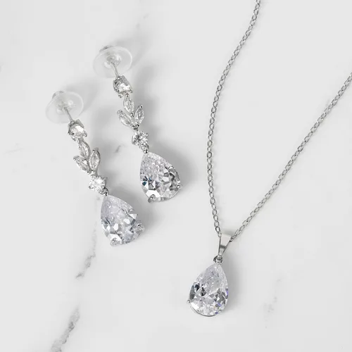 Vista 4 de SWEETV Juego de joyas de boda de lágrima para mujeres, novias, damas de honor, collar de novia de cristal, aretes de gota, disfraz de graduación