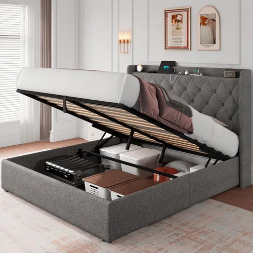 Vista 11 de iPormis Base de cama de almacenamiento elevable de tamaño completo con estación de carga, base de cama de plataforma tapizada con cabecera capitoné