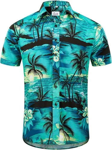 Vista 2 de EUOW - Camisa hawaiana estampada de manga corta para hombre, con botones, de verano, para playa