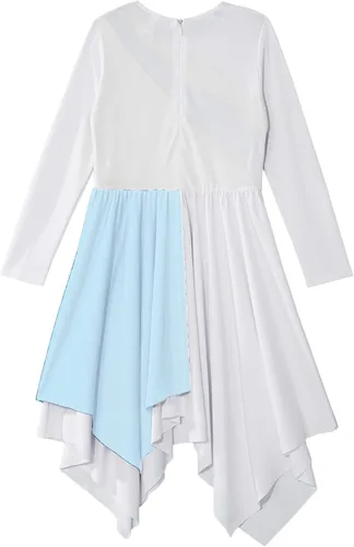 Vista 4 de JEATHA Vestido tipo túnica asimétrica de alabanza metálica brillante de manga larga para niños y niñas, disfraz de baile contemporáneo lírico