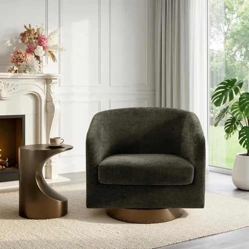 Vista 29 de Silla Giratoria de Acento de Cuero Sintético con Base de Madera, Sillas de Barril Tapizadas Modernas para Sala de Estar, Cómodo Sillón Redondo Sofá