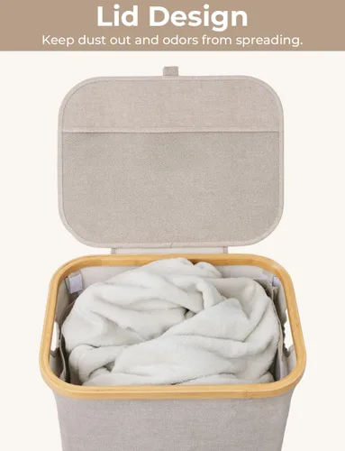 Vista 5 de StorageWorks Cesta grande para ropa sucia de 100 litros con tapa, cesta alta para ropa con asas de bambú y 2 bolsas interiores extraíbles, cestas
