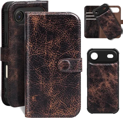 Vista 25 de Funda de cuero compatible con iPhone 16 Pro Max Cartera 6.9", cuero genuino 2 en 1, magnética, desmontable, a prueba de golpes, funda tipo folio