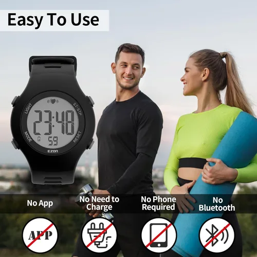 Vista 4 de EZON Heart Rate Monitor Chest Strap and Digital Watch,5ATM Waterproof Fitness Tracker with HRM,Calories Burned,Stopwatch and Hourly Chime - Ideal