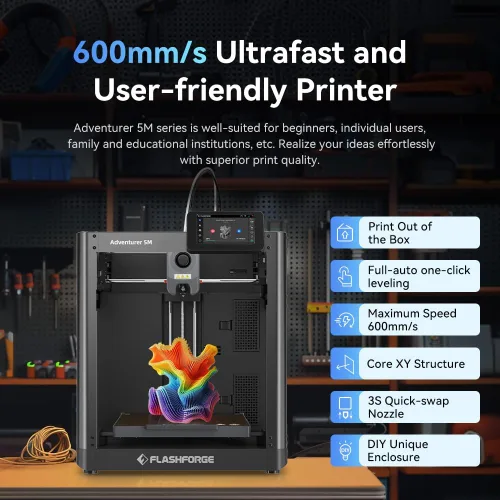 Vista 2 de FLASHFORGE Adventurer 5M Impresora 3D con Sistema de Nivelación Automática Completa, Máx. 600mm/s de Alta Velocidad, Boquilla de Desconexión Rápida