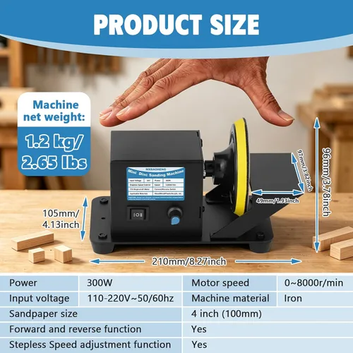 Vista 3 de 4 Inch Mini Disc Sander Stepless Speed Control, Forward & Reverse Switch