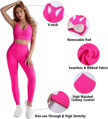 Vista 5 de DYD Conjunto de 2 piezas de entrenamiento para mujer, sin costuras, espalda cruzada, brasier deportivo, cintura alta, yoga, gimnasio, leggings