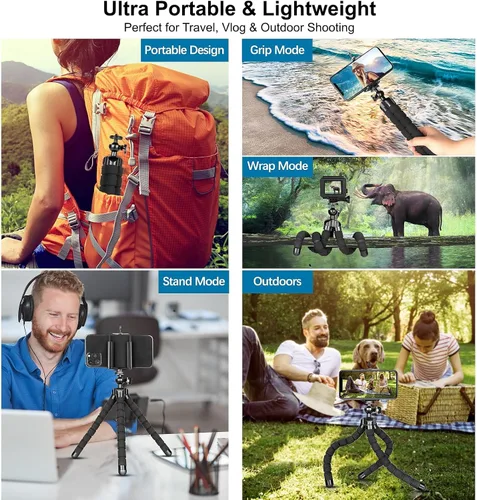 Vista 6 de Trípode flexible con control remoto inalámbrico, mini trípode portátil para iPhone Android, GoPro y cámaras DSLR pequeñas, revestimiento de metal