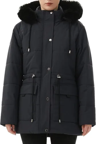 Vista 5 de MOERDENG Abrigo de invierno cálido para mujer, con forro polar grueso, chaqueta de plumón de piel sintética, capucha desmontable, ropa de abrigo