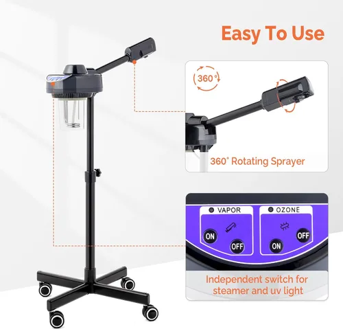 Vista 4 de OmySalon Estetician Steamer - Vaporizador facial profesional, vaporizador facial con niebla de ozono caliente para salón de belleza, spa, hogar