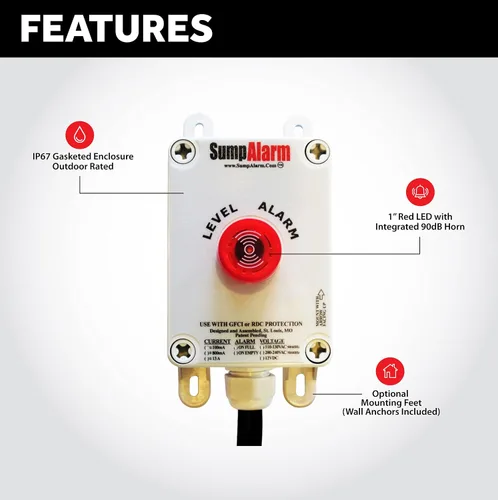 Vista 2 de Sump Alarm Alarma de agua alta para bomba de sumidero y agua séptica, alarma acústica de 90 dB resistente a la intemperie con interruptor