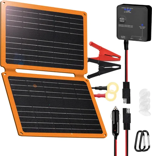Vista 10 de FieryRed Cargador y mantenedor de batería de coche con panel solar de 10 W y 12 V, cargador de goteo impermeable con controlador integrado, enchufe