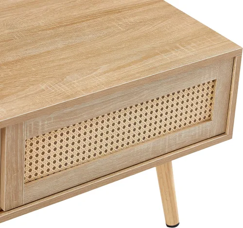 Vista 5 de Mesa de centro de ratán con armario de almacenamiento y estante abierto, mesa central de madera con puerta corredera de ratán, muebles modernos