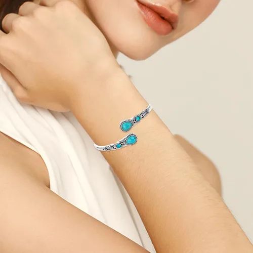 Vista 6 de Pulsera de turquesa para mujer, plata de ley 925, turquesa auténtica, pulsera abierta, ajustable, apilable, vintage, piedra natural, regalos