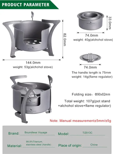 Vista 3 de Boundless Voyage Estufa de alcohol de titanio con cubierta contra incendios, estufa de leña al aire libre con soportes, para camping, Juego