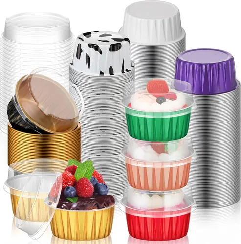 Vista 13 de 120 Pcs Moldes de Papel de Aluminio para Hornear Mini Moldes para Pasteles con Tapas 5 oz Forros para Cupcakes Moldes Desechables para Magdalenas
