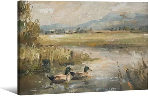 Vista 19 de Haitunone Póster de estanque de pato real con animales de granja, arte de pared, pintura de pato vintage, pintura al óleo, cazador de pájaros