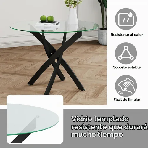 Vista 7 de Juego de mesa de comedor de cristal redondo transparente para 4, juego de mesa de cocina circular de 5 piezas, juego de mesa de comedor circular