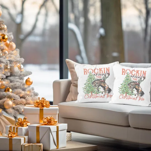 Vista 3 de Decoración Occidental: 2 Almohadas de Navidad - 18x18, Fundas de Almohada para Dormitorio, Sofá y Árbol